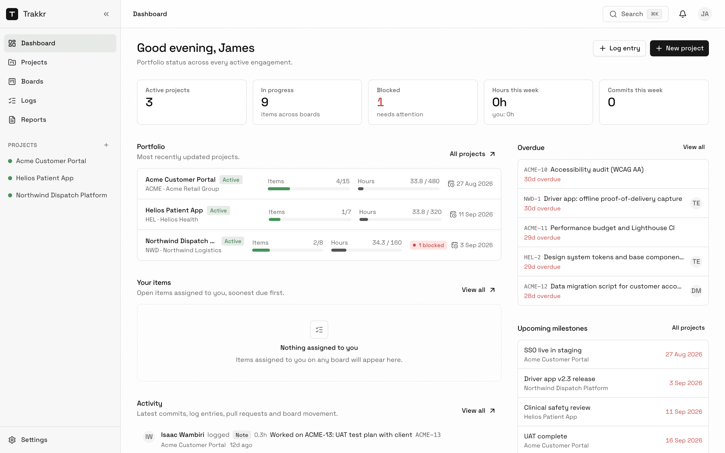 The Trakkr dashboard: portfolio status, overdue items, upcoming milestones and activity for three projects
